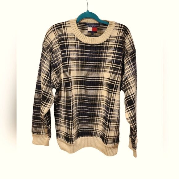 Vintage 90s Heavy Knit Plaid Tommy Hilfiger Sweater Preppy Nautical pullover | L - Picture 3 of 10